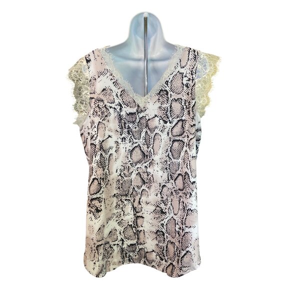Womens Tank Blouse XL Snake Print Pink White Lace Trim Sleeveless V-Neck Mobwife - Picture 2 of 6